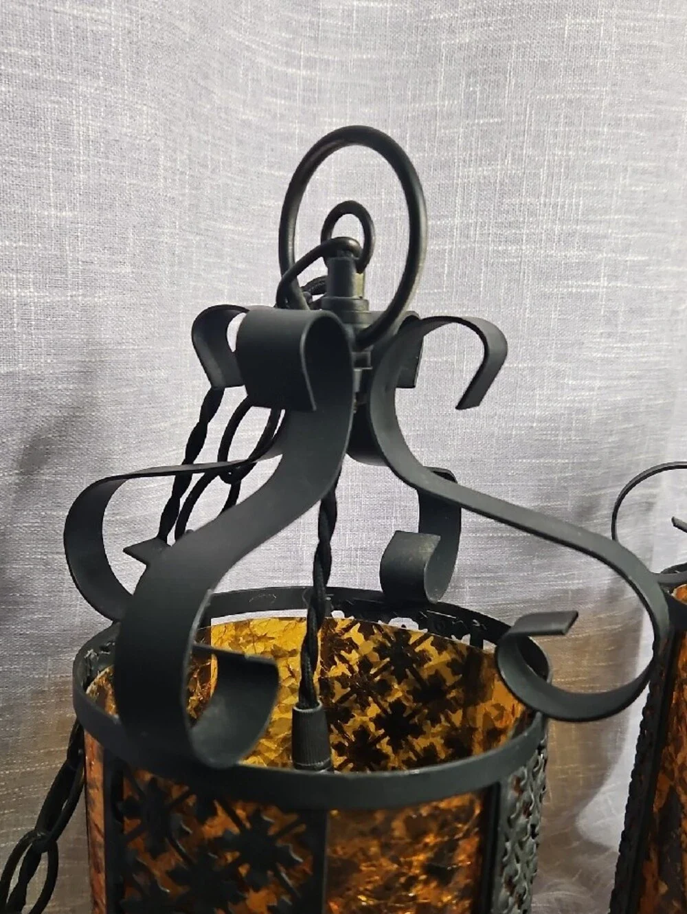 Vintage 1970s Spanish Revival Wrought Iron & Amber Acrylic Pendant Swag Lamps